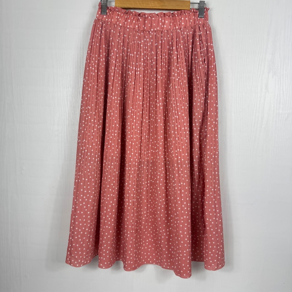 Exlura Women Pink Polka Dot Pleated Midi Skirt Elastic High Waist Pockets Size M - Picture 7 of 11